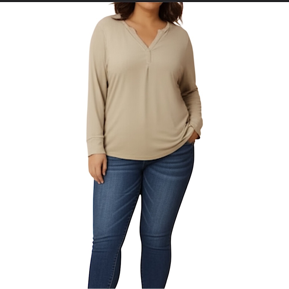 EVRI Cream Long Sleeve Ribbed V Neck Top Plus Size Women’s 2X